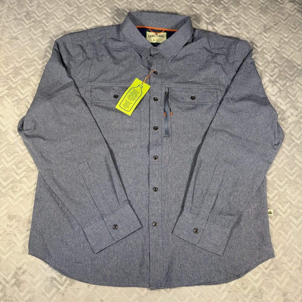 Lake & Trail Mens Lightweight Button-Down Shirt Long Sleeve Size L Blue Pockets